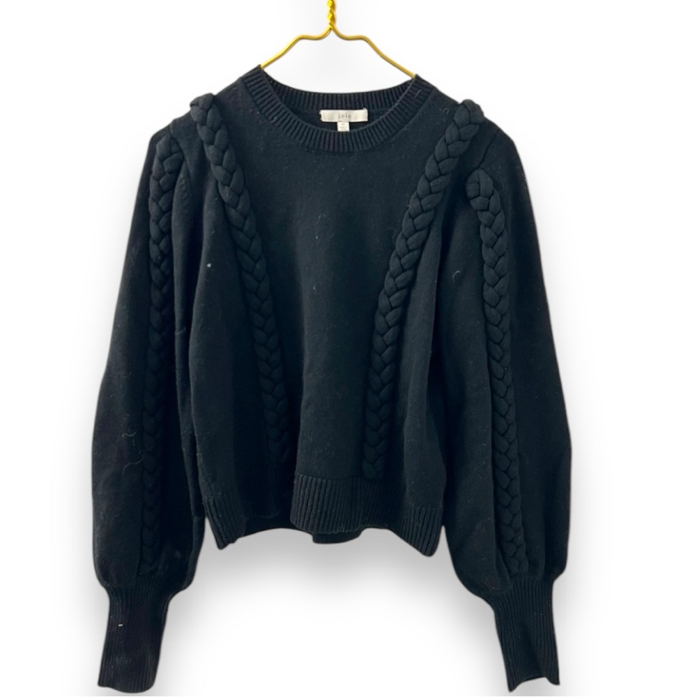 Joie Black Puff Sleeve Braided Detail Black Knit Sweater
